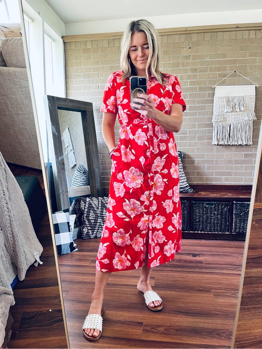 Old Navy Red Floral Button-Front Midi Dress